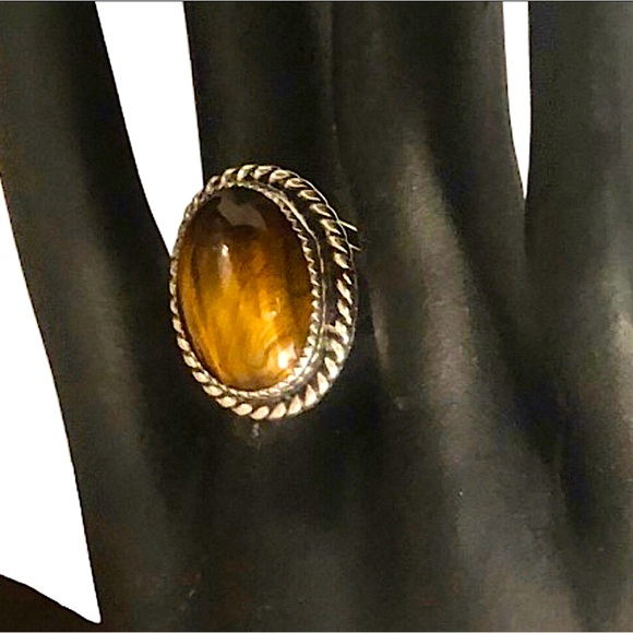 Native American Sterling Silver Ring w Tigers Eye and Woven Detail Sz 10-1/2 - Picture 7 of 17